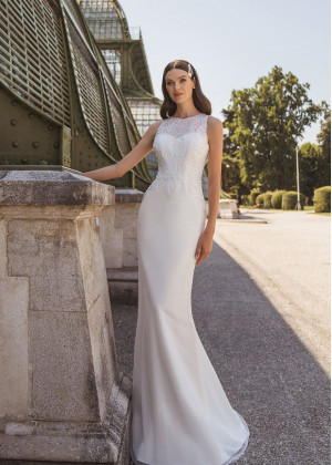 Beaded Ivory Lace Satin Chic Wedding Dress